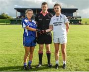 26 July 2017; Referee Eamon Moran with Annie Fitzgerald, captain of Waterford, Mikaela Burke, captain of Kildare, before the All Ireland Ladies Football Under 16 B Final match between Kildare and Waterford at John Locke Park in Callan, Co Kilkenny. Photo by Matt Browne/Sportsfile