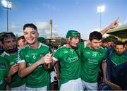 26 July 2017; Kyle Hayes, 6, Ronan Lynch and Conor McSweeney, right, of Limerick celebrate following the Bord Gáis Energy Munster GAA Hurling Under 21 Championship Final match between Limerick and Cork at the Gaelic Grounds in Limerick. Photo by Stephen McCarthy/Sportsfile