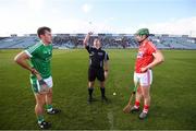 26 July 2017; Referee Rory McGann with captains Tom Morrissey of Limerick and Darren Browne of Cork during the Bord Gáis Energy Munster GAA Hurling Under 21 Championship Final match between Limerick and Cork at the Gaelic Grounds in Limerick. Photo by Stephen McCarthy/Sportsfile