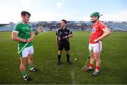 26 July 2017; Referee Rory McGann with captains Tom Morrissey of Limerick and Darren Browne of Cork during the Bord Gáis Energy Munster GAA Hurling Under 21 Championship Final match between Limerick and Cork at the Gaelic Grounds in Limerick. Photo by Stephen McCarthy/Sportsfile