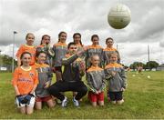 27 July 2017; Mayo's Lee Keegan with kids from the camp during the Lee Keegan's Kellogg’s GAA Cul Camps Surprise Visit at Leitrim Town Centre in Leitrim. Photo by Matt Browne/Sportsfile