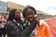 27 July 2017; Team Ireland's Rhasidat Adeleke, right, from Tallaght, Dublin, after finishing second and winning a silver medal in the women's 200m final celebrates with Team Ireland's Patience Jumbo Gula, from Dundalk, Co. Louth, who won a bronze medal after coming third in the women's 100m final during the European Youth Olympic Festival 2017 at Olympic Park in Gyor, Hungary. Photo by Eóin Noonan/Sportsfile