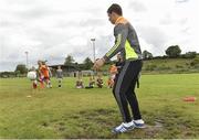 27 July 2017; Kayla Mckiernan takes a penalty against Lee during the Lee Keegan's Kellogg’s GAA Cul Camps Surprise Visit at Leitrim Town Centre in Leitrim. Photo by Matt Browne/Sportsfile