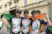 27 July 2017; Team Ireland's cycling team, from left, Mark Smith, from Kells, Co Meath, Shay Donley, from Ballymoney, Co Antrim, and Cahir Doyle, from Magherafet, Co Derry, after competing in the men's cycling road race during the European Youth Olympic Festival 2017 at Olympic Park in Gyor, Hungary. Photo by Eóin Noonan/Sportsfile