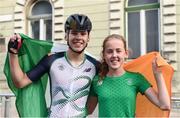 27 July 2017; Team Ireland's cyclists Shay Donley, from Ballymoney, Co Antrim, and Meave Gallagher, from Swinford, Co Mayo, after the men's cycling road race during the European Youth Olympic Festival 2017 at Olympic Park in Gyor, Hungary. Photo by Eóin Noonan/Sportsfile