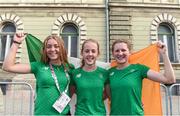 27 July 2017; Team Ireland's women's cycling team, from left, Lara Gillespie, from Enniskerry, Co. Wicklow, Meave Gallagher, from Swinford, Co. Mayo, and Caoimhe O'Brien, from Multyfarnham, Co. Wicklow, during the European Youth Olympic Festival 2017 at Olympic Park in Gyor, Hungary. Photo by Eóin Noonan/Sportsfile