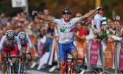 27 July 2017; Andrea Piccolo of Italy, celebrates winning the men's cycling road race, as he crosses the line, during the European Youth Olympic Festival 2017 at Olympic Park in Gyor, Hungary. Photo by Eóin Noonan/Sportsfile