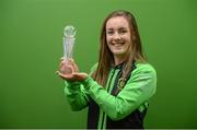 27 July 2017; Pictured is Lucy McCartan from Peamount United with the Continental Tyres Women's National League Player of the Month Award for June at the FAI HQ in Abbotstown, Dublin. Photo by Cody Glenn/Sportsfile