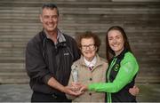 27 July 2017; Pictured is Lucy McCartan from Peamount United with her grandmother Niamh McCartan and father Pat McCartan and the Continental Tyres Women's National League Player of the Month Award for June 2017 at the FAI HQ in Abbotstown, Dublin.  Photo by Cody Glenn/Sportsfile