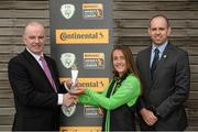 27 July 2017; Pictured is Lucy McCartan from Peamount United being presented with the Continental Tyres Women's National League Player of the Month Award for June 2017 by Tom Dennigan, General Manager, Continental Tyres Ireland, left, alongside Eamonn Breen, FAI Executive Committee, at the FAI HQ in Abbotstown, Dublin.  Photo by Cody Glenn/Sportsfile