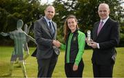 27 July 2017; Pictured is Lucy McCartan from Peamount United being presented with the Continental Tyres Women's National League Player of the Month Award for June 2017 by Tom Dennigan, General Manager, Continental Tyres Ireland, right, alongside Eamonn Breen, FAI Executive Committee, at the FAI HQ in Abbotstown, Dublin.  Photo by Cody Glenn/Sportsfile