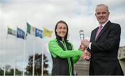 27 July 2017; Pictured is Lucy McCartan from Peamount United being presented with the Continental Tyres Women's National League Player of the Month Award for June 2017 by Tom Dennigan, General Manager, Continental Tyres Ireland at the FAI HQ in Abbotstown, Dublin.  Photo by Cody Glenn/Sportsfile