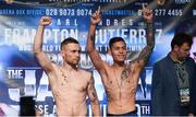 28 July 2017; Carl Frampton, left, and Andrés Gutiérrez weigh in ahead of their featherweight bout at the Europa Hotel, in Belfast. Photo by Ramsey Cardy/Sportsfile