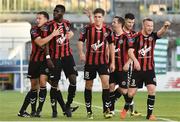 28 July 2017; Ishmahil Akinade, second from left, of Bohemians celebrates after scoring his side's first goal with team-mates during the SSE Airtricity League Premier Division match between Shamrock Rovers and Bohemians at Tallaght Stadium, Tallaght, in Co. Dublin. Photo by David Maher/Sportsfile