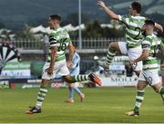 28 July 2017; David McAlister, left, of Shamrock Rovers celebrates after scoring his side's first goal during the SSE Airtricity League Premier Division match between Shamrock Rovers and Bohemians at Tallaght Stadium, Tallaght, in Co. Dublin. Photo by David Maher/Sportsfile