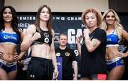 28 July 2017; Katie Taylor, left, and Jasmine Clarkson during the official weigh-in ahead of their lightweight bout at the Brooklyn Marriott in New York, USA. Photo by Amanda Westcott/ SHOWTIME/ Sportsfile
