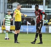 28 July 2017; Ishmahil Akinade, of Bohemians is booked by referee Ben Connolly after his celebration following  his side's first goal during the SSE Airtricity League Premier Division match between Shamrock Rovers and Bohemians at Tallaght Stadium, Tallaght, in Co. Dublin. Photo by David Maher/Sportsfile