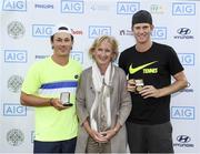 28 July 2017; Helen Shields, President of Fitzwilliam Lawn Tennis Club, with Danie Nolan of Australia and Harry Bourchier of Australia after winning the mens doubles final between Harry Bourchier & Daniel Nolan of Australia and Sam Bothwell of Ireland & Edward Bourchier of Australia during the AIG Irish Open Tennis Championships at Fitzwilliam Lawn Tennis Club in Dublin. Photo by Stephen McCarthy/Sportsfile