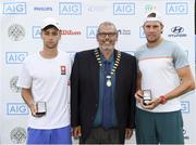 28 July 2017; Tennis Ireland President Clifford Carroll with Sam Bothwell of Ireland and Edward Bourchier of Australia after finishing runners up during the mens doubles final between Harry Bourchier & Daniel Nolan of Australia and Sam Bothwell of Ireland & Edward Bourchier of Australia during the AIG Irish Open Tennis Championships at Fitzwilliam Lawn Tennis Club in Dublin. Photo by Stephen McCarthy/Sportsfile