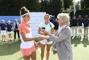 28 July 2017; Helen Shields, President of Fitzwilliam Lawn Tennis Club, presents Rosalie van der Hoek of the Netherlands with her medal following the ladies doubles final between Giorgia Marchetti of Italy & Rosalie van der Hoek of the Netherlands and Emily Appleton of Great Britain & Quinn Gleason of USA during the AIG Irish Open Tennis Championships at Fitzwilliam Lawn Tennis Club in Dublin. Photo by Stephen McCarthy/Sportsfile