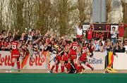 25 March 2012; Belgium players celebrate after Sofie Gierts scored her side's third goal. Women’s 2012 Olympic Qualifying Tournament Final, FIH Road to London, Belgium v Ireland, Beerschot T.H.C., Kontich, Antwerp, Belgium. Picture credit: Stephen McCarthy / SPORTSFILE