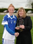 31 March 2012; Ashling Moloney, Colaiste Dun Iascaigh, is presented with the player of the match award by Marie Hickey, the Leinster President. Tesco All-Ireland Post Primary Schools Junior A Final, Colaiste Dun Iascaigh, Cahir, Co. Tipperary v Loreto Convent, Omagh, Co. Tyrone, Moate GAA Club, Hogan Park, Moate, Co. Westmeath. Picture credit: Ray McManus / SPORTSFILE
