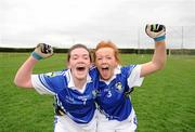 31 March 2012; The Colaiste Dun Iascaigh captain Emma Corcoran, right, and team mate Claire Walsh celebrate victory. Tesco All-Ireland Post Primary Schools Junior A Final, Colaiste Dun Iascaigh, Cahir, Co. Tipperary v Loreto Convent, Omagh, Co. Tyrone, Moate GAA Club, Hogan Park, Moate, Co. Westmeath. Picture credit: Ray McManus / SPORTSFILE