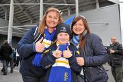 31 March 2012; Leinster supporters, Nicki Holohan, left, and Hannah Holohan, aged 9, from Blanchardstown, along with Bebhinn Dunne, right, from Ringsend, Dublin, before the game. Celtic League, Munster v Leinster, Thomond Park, Limerick. Picture credit: Diarmuid Greene / SPORTSFILE