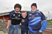 31 March 2012; Leinster supporters, Niall Maher, left, Neil Nolan, aged 9, centre, and Michael Hernon, right, all from Birr, Co. Offaly, before the game. Celtic League, Munster v Leinster, Thomond Park, Limerick. Picture credit: Diarmuid Greene / SPORTSFILE