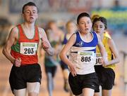 31 March 2012; Robert Crowley, right, St. Laurence O'Toole AC, Co. Carlow, on his way to winning the Boys Under 14 800m Final from eventual second place Eoin O'Looney, from Kilmurray/Ibrick AC, Co. Clare, during the Woodie’s DIY AAI Juvenile Indoor Championships of Ireland. Nenagh Indoor Arena, Nenagh, Co. Tipperary. Picture credit: Matt Browne / SPORTSFILE