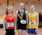 31 March 2012; Winner of the Girls Under 17 Long Jump, Megan Comber, Clonliffe Harriers A.C., Co. Dublin, with second place Aoibhin McManus, left, City of Lisburn A.C., Co. Down and third place Rebecca Carr, right, Blackrock A.C., Co. Louth, during the Woodie’s DIY AAI Juvenile Indoor Championships of Ireland. Nenagh Indoor Arena, Nenagh, Co. Tipperary. Picture credit: Matt Browne / SPORTSFILE