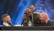 14 July 2017; Conor McGregor, left, Floyd Mayweather, centre, and Dana White during a press conference in the SSE Arena in London.Photo by Esther Lin / SHOWTIME / Sportsfile