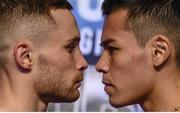 28 July 2017; Carl Frampton, left, and Andrés Gutiérrez weigh in ahead of their featherweight bout at the Europa Hotel, in Belfast. Photo by Ramsey Cardy/Sportsfile