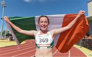 29 July 2017; Team Ireland's Sarah Healy, from Monkstown, Co. Dublin, after winning gold in the women's 1500m final at the European Youth Olympic Festival in Gyor, Hungary. Photo by Eóin Noonan/Sportsfile