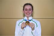 29 July 2017; Team Ireland's Sarah Healy, from Monkstown, Co. Dublin, with her women's 1500m gold medal at the European Youth Olympic Festival in Gyor, Hungary. Photo by Eóin Noonan/Sportsfile