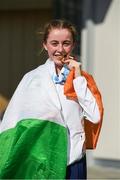 29 July 2017; Team Ireland's Sarah Healy, from Monkstown, Co. Dublin, with her women's 1500m gold medal at the European Youth Olympic Festival in Gyor, Hungary. Photo by Eóin Noonan/Sportsfile