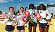 29 July 2017; Team Ireland's relay team, from left, Niamh Foley, from Newcastle, Co. Limerick, Miriam Daly, from Carrick-on-Suir, Co. Tipperary, Rhasidat Adeleke, from Tallaght, Dublin and Patience Jumbo Gula, from Dundalk, Co. Louth, with their bronze medals after claiming third place in the women's 4x100m relay during the European Youth Olympic Festival 2017 at Olympic Park in Gyor, Hungary. Photo by Eóin Noonan/Sportsfile