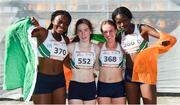 29 July 2017; Team Ireland's relay team, from left, Patience Jumbo Gula, from Dundalk, Co. Louth, Niamh Foley, from Newcastle, Co. Limerick, Miriam Daly, from Carrick-on-Suir, Co. Tipperary and Rhasidat Adeleke, from Tallaght, Dublin after claiming third place in the women's 4x100m relay during the European Youth Olympic Festival 2017 at Olympic Park in Gyor, Hungary. Photo by Eóin Noonan/Sportsfile