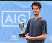 29 July 2017; Adrien Bossel of Switzerland with the AIG Irish Open Tennis Championships trophy after his match against Peter Kobelt of USA at the Men's singles finals match at the AIG Irish Open Tennis Championships at Fitzwilliam Lawn Tennis Club, in Winton Road, Ranelagh, Dublin. Photo by Matt Browne/Sportsfile