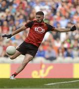 29 July 2017; Connaire Harrison of Down kicks a second half point after the ball rebounded off the post during the GAA Football All-Ireland Senior Championship Round 4B match between Down and Monaghan at Croke Park in Dublin. Photo by Piaras Ó Mídheach/Sportsfile