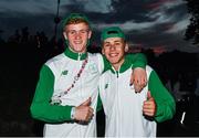 29 July 2017; Team Ireland's Bearach Gleeson, from Collins Avenue West, Dublin, left, and Shay Donley, from Ballymoney, Co. Antrim, before the European Youth Olympic Festival 2017 Closing Ceremony, in Gyor, Hungary. Photo by Eóin Noonan/Sportsfile