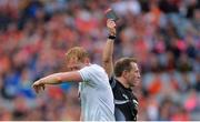 29 July 2017; Keith Cribbin of Kildare leaves the field after being shown the black card by referee Derek O'Mahoney during the GAA Football All-Ireland Senior Championship Round 4B match between Armagh and Kildare at Croke Park in Dublin. Photo by Piaras Ó Mídheach/Sportsfile