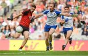 29 July 2017; Connaire Harrison of Down shoots under pressure from Vinny Corey of Monaghan as Ryan Wylie, behind, looks on during the GAA Football All-Ireland Senior Championship Round 4B match between Down and Monaghan at Croke Park in Dublin. Photo by Piaras Ó Mídheach/Sportsfile