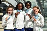 30 July 2017; Team Ireland arrive at Dublin Airport with 6 medals following competition at the 2017 European Youth Olympic Festival, EYOF, in Gyor, Hungary. The multi-sport event saw 40 Irish athletes, aged 14-16, compete against the best youth athletes in Europe. The six sports represented by Ireland were Athletics, Cycling, Swimming, Judo, Tennis and Gymnastics. Pictured is Team Ireland's relay team, from left, Niamh Foley, from Newcastle, Co. Limerick, Patience Jumbo Gula, from Dundalk, Co. Louth, Rhasidat Adeleke, from Tallaght, Dublin, and Miriam Daly, from Carrick-on-Suir, Co. Tipperary, with their bronze medals after claiming third place in the women's 4x100m relay, at Dublin Airport, Dublin. Photo by Seb Daly/Sportsfile