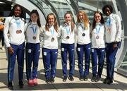 30 July 2017; Team Ireland arrive at Dublin Airport with 6 medals following competition at the 2017 European Youth Olympic Festival, EYOF, in Gyor, Hungary. The multi-sport event saw 40 Irish athletes, aged 14-16, compete against the best youth athletes in Europe. The six sports represented by Ireland were Athletics, Cycling, Swimming, Judo, Tennis and Gymnastics. Pictured is Team Ireland's medal winners, from left, Patience Jumbo Gula, from Dundalk, Co. Louth, Niamh Foley, from Newcastle, Co. Limerick, Jade Williams, from Baillieborough, Co. Cavan, Sarah Healy, from Monktown, Co. Dublin, Lara Gillespie, from Enniskerry, Co. Wicklow, Miriam Daly, from Carrick-on-Suir, Co. Tipperary, and Rhasidat Adeleke, from Tallaght, Dublin, with their medals, at Dublin Airport, Dublin. Photo by Seb Daly/Sportsfile