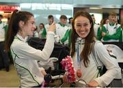 30 July 2017; Team Ireland arrive at Dublin Airport with 6 medals following competition at the 2017 European Youth Olympic Festival, EYOF, in Gyor, Hungary. The multi-sport event saw 40 Irish athletes, aged 14-16, compete against the best youth athletes in Europe. The six sports represented by Ireland were Athletics, Cycling, Swimming, Judo, Tennis and Gymnastics. Pictured is Niamh Foley, from Newcastle, Co. Limerick, left, and Miriam Daly, from Carrick-on-Suir, Co. Tipperary, at Dublin Airport, Dublin. Photo by Seb Daly/Sportsfile
