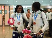 30 July 2017; Team Ireland arrive at Dublin Airport with 6 medals following competition at the 2017 European Youth Olympic Festival, EYOF, in Gyor, Hungary. The multi-sport event saw 40 Irish athletes, aged 14-16, compete against the best youth athletes in Europe. The six sports represented by Ireland were Athletics, Cycling, Swimming, Judo, Tennis and Gymnastics. Pictured is Team Ireland's Patience Jumbo Gula, from Dundalk, Co. Louth, and Rhasidat Adeleke, from Tallaght, Dublin, at Dublin Airport, Dublin. Photo by Seb Daly/Sportsfile