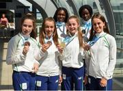 30 July 2017; Team Ireland arrive at Dublin Airport with 6 medals following competition at the 2017 European Youth Olympic Festival, EYOF, in Gyor, Hungary. The multi-sport event saw 40 Irish athletes, aged 14-16, compete against the best youth athletes in Europe. The six sports represented by Ireland were Athletics, Cycling, Swimming, Judo, Tennis and Gymnastics. Pictured is Team Ireland's athletics team, from left, Niamh Foley, from Newcastle, Co. Limerick, Jade Williams, from Baillieborough, Co. Cavan, Patience Jumbo Gula, from Dundalk, Co. Louth, Sarah Healy, from Monktown, Co. Dublin, Rhasidat Adeleke, from Tallaght, Dublin, and Miriam Daly, from Carrick-on-Suir, Co. Tipperary, with their medals, at Dublin Airport, Dublin. Photo by Seb Daly/Sportsfile