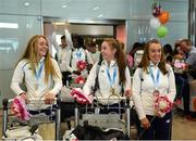 30 July 2017; Team Ireland arrive at Dublin Airport with 6 medals following competition at the 2017 European Youth Olympic Festival, EYOF, in Gyor, Hungary. The multi-sport event saw 40 Irish athletes, aged 14-16, compete against the best youth athletes in Europe. The six sports represented by Ireland were Athletics, Cycling, Swimming, Judo, Tennis and Gymnastics. Pictured is Team Ireland's medal winners, from left, Lara Gillespie, from Enniskerry, Co. Wicklow, Sarah Healy, from Monkstown, Co. Dublin, and Jade Williams, from Baillieborough, Co. Cavan, at Dublin Airport, Dublin. Photo by Seb Daly/Sportsfile