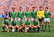 18 June 1988; The Republic of Ireland team, back row, from left, Frank Stapleton, Mick McCarthy, Tony Galvin, Paul McGrath, Pat Bonner and John Aldridge, with front row, from left, Ray Houghton, Ronnie Whelan, Chris Hughton, Chris Morris and Kevin Moran prior to the UEFA European Football Championship Finals Group B match between Republic of Ireland and Netherlands at Parkstadion in Gelsenkirchen, Germany. Photo by Ray McManus/Sportsfile